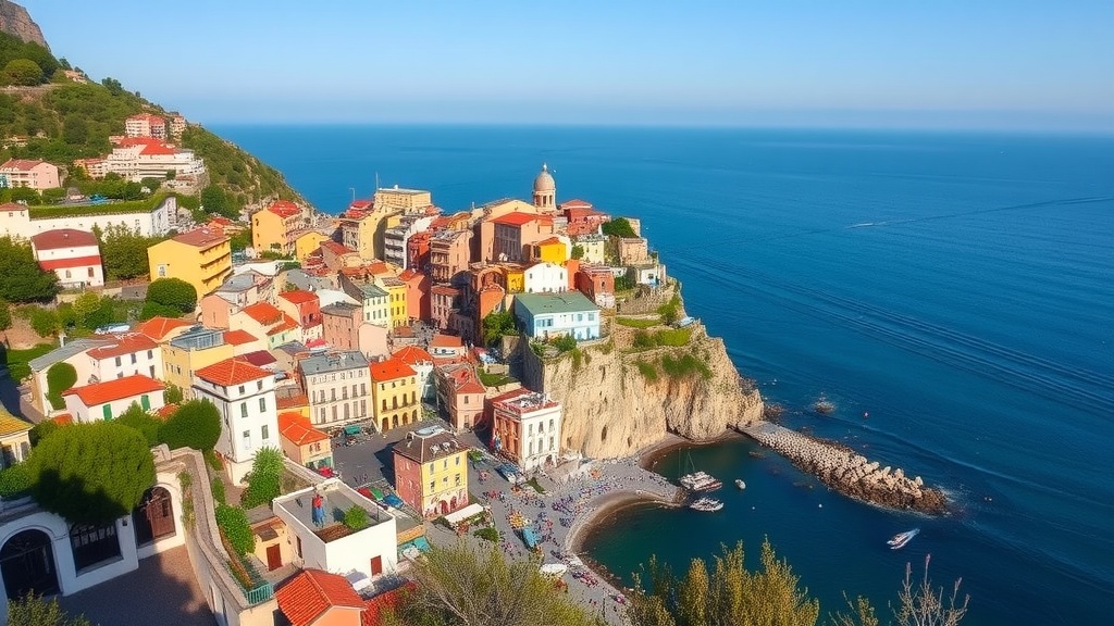 A panoramic view of the Amalfi Coast with colorful buildings on cliffs and blue ocean.