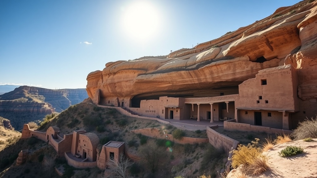 Cliff dwellings at Mesa Verde National Park under a clear blue sky.