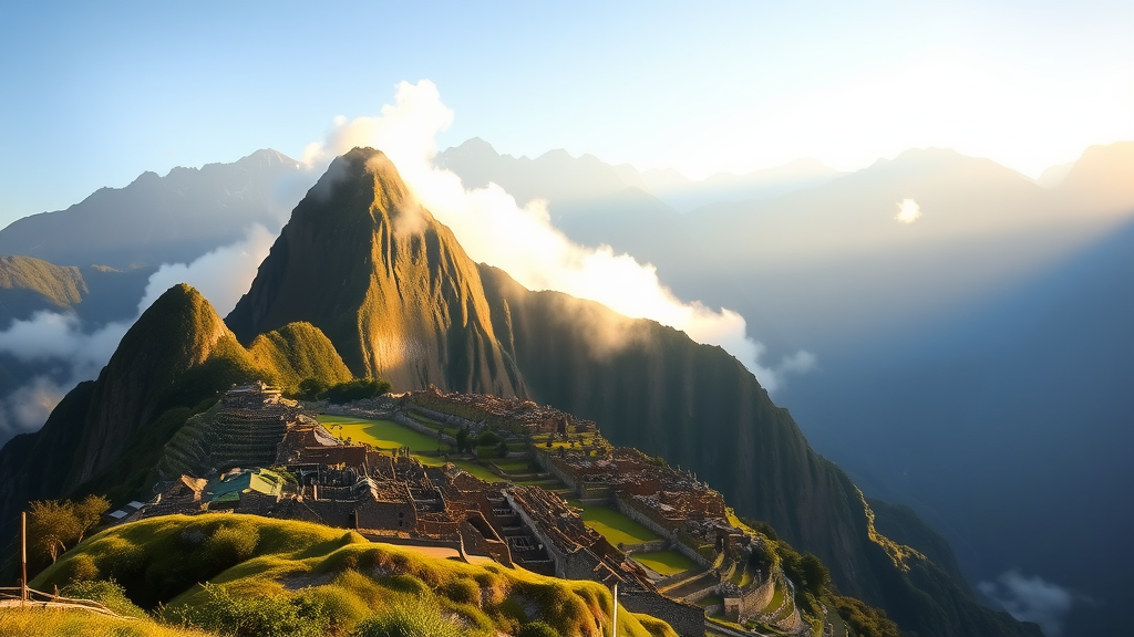 A panoramic view of the ancient ruins of Machu Picchu set against the backdrop of the Andes Mountains, with morning light illuminating the landscape.