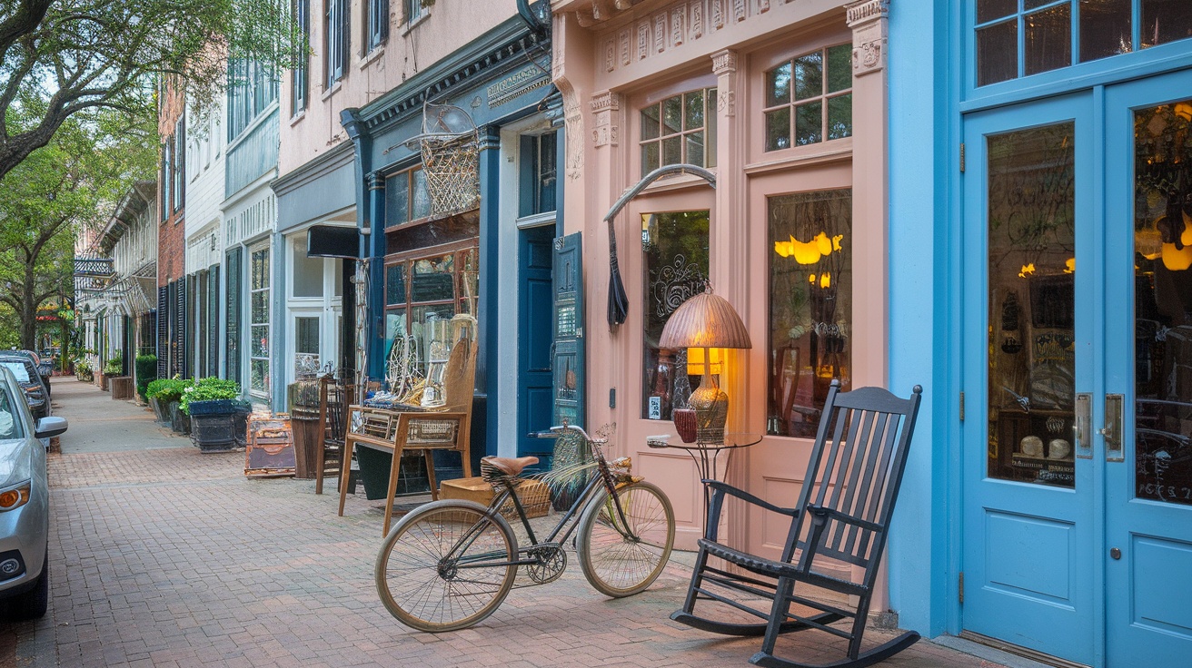 Antiques District in Charleston, South Carolina, showcasing vintage shops and a bicycle.