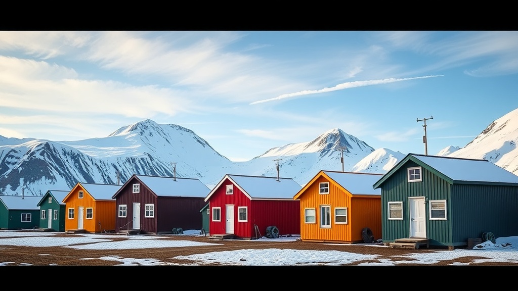 Colorful cabins in Svalbard with snowy mountains in the background