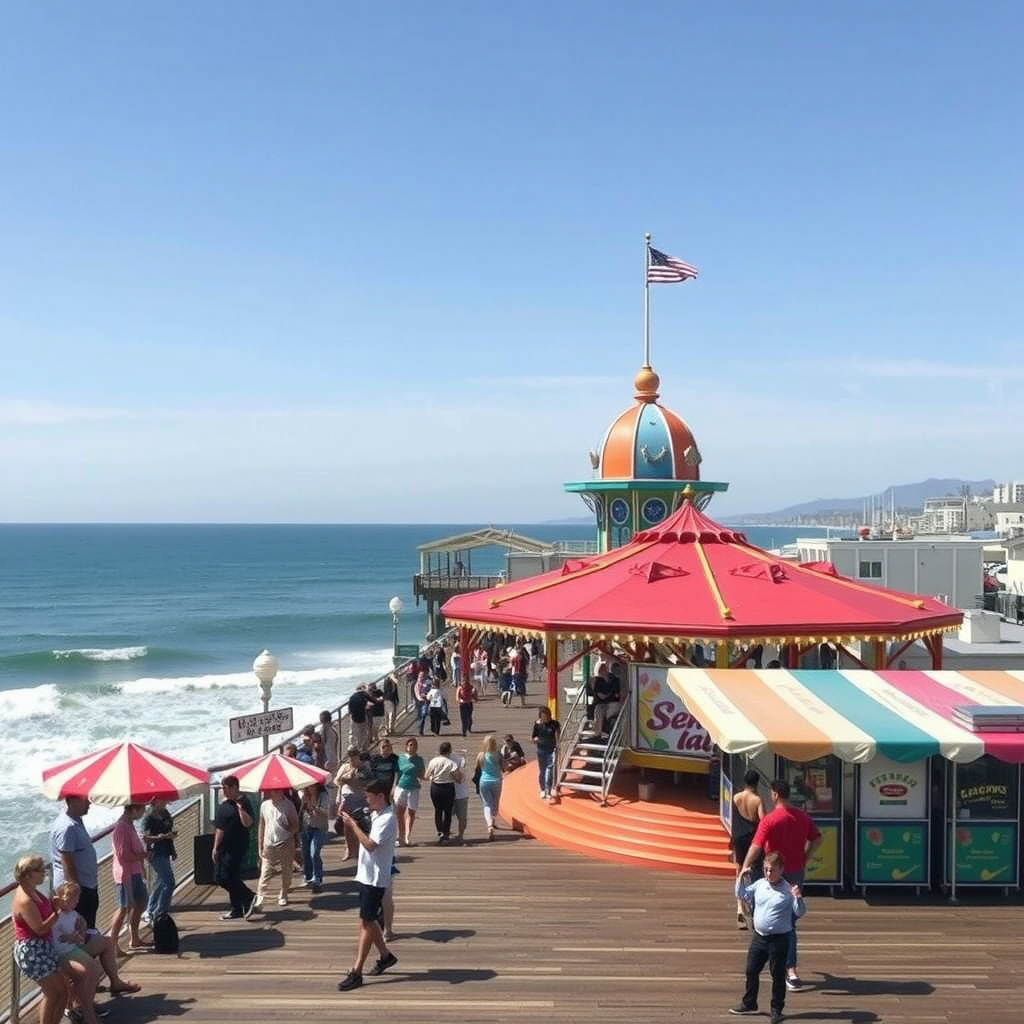 A vibrant Santa Monica boardwalk with colorful tents and people enjoying the beach atmosphere.