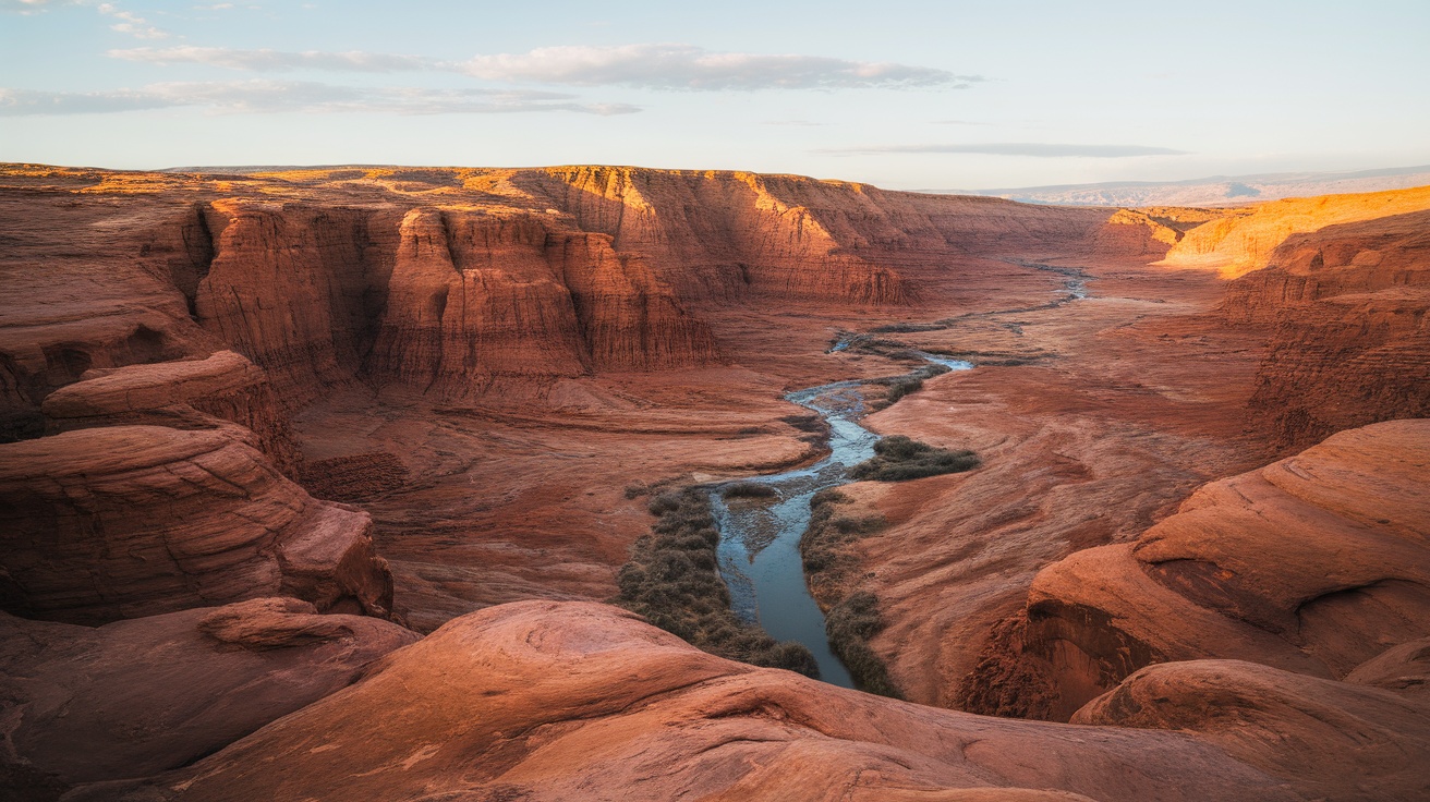 A scenic view of a canyon with rocky cliffs and a winding river in the American Southwest.