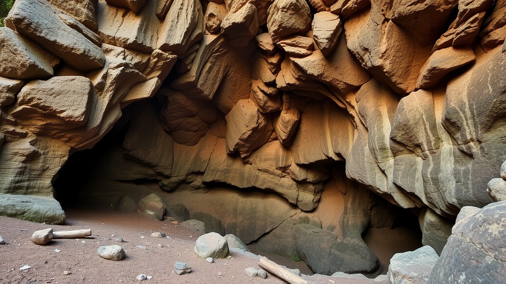 Entrance of a cave with textured rock formations and scattered stones on the ground.