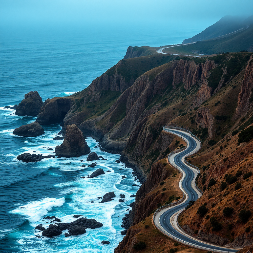 A scenic view of the winding road along the coast of Big Sur, with cliffs and ocean waves.