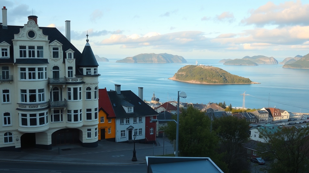 A scenic view of the coastal town of Ålesund, showcasing colorful buildings and distant islands.