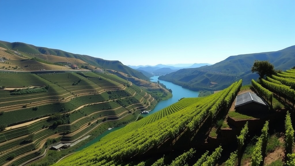 Scenic view of Douro Valley vineyards with rolling hills and a river.