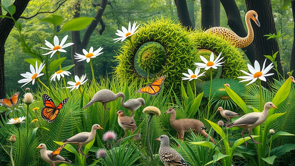 A vibrant ecological scene featuring butterflies, birds, and flowers in a lush green setting.