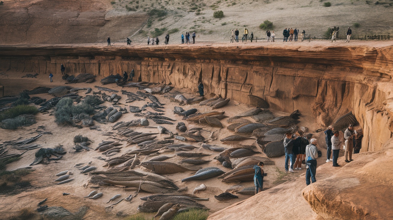 Visitors exploring Fossil Butte National Monument with exposed fossils on the ground.