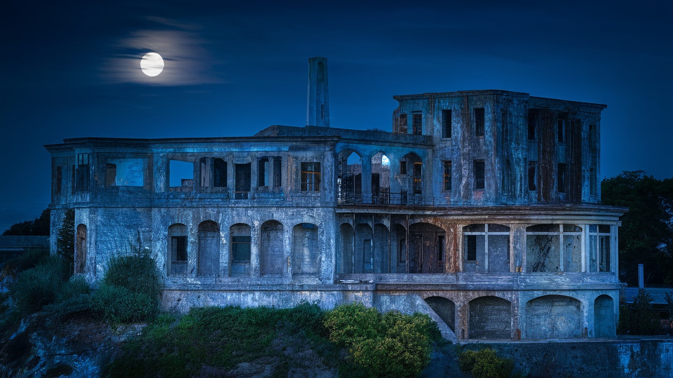 A haunted castle on a rocky island under a full moon.