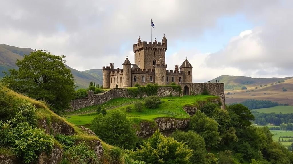 A historic castle on a hill in Scotland, surrounded by greenery and mountains.