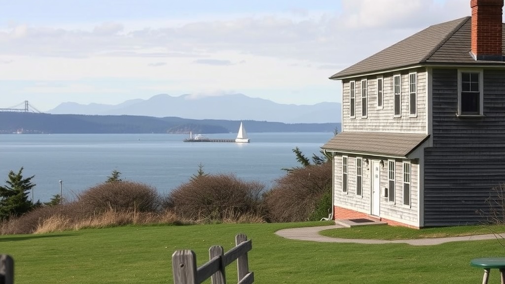 View of Fort Worden with a house in the foreground and water in the background.