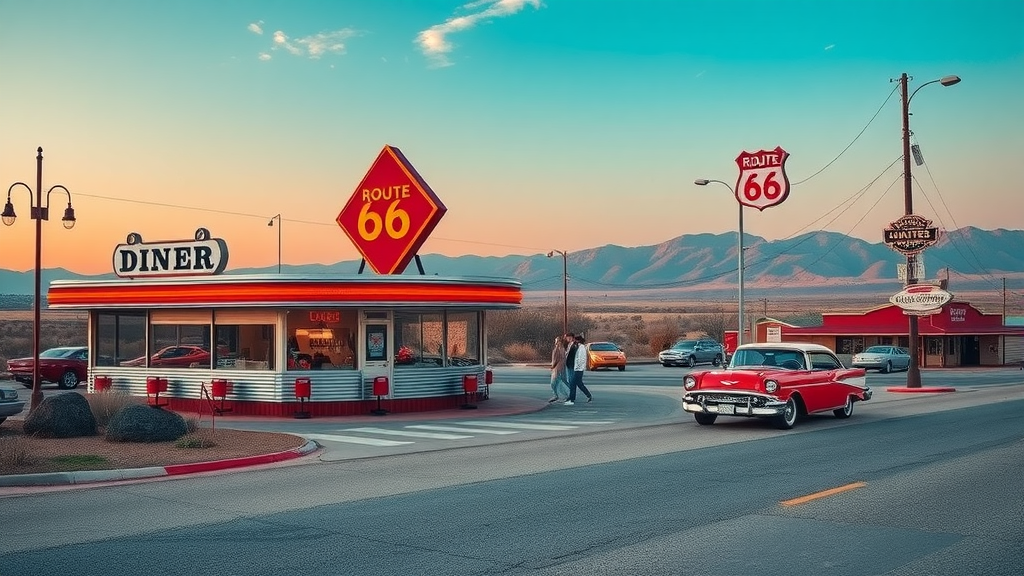 Scenic view of Route 66 featuring vintage gas stations and classic cars.