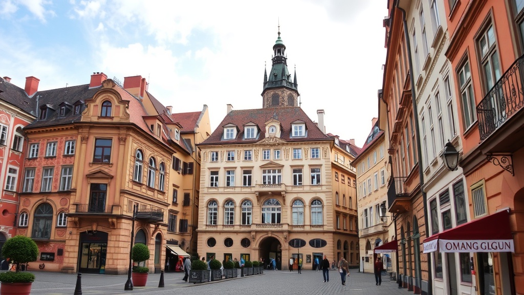 A picturesque view of a historic street in Prague with colorful buildings and a clear sky.