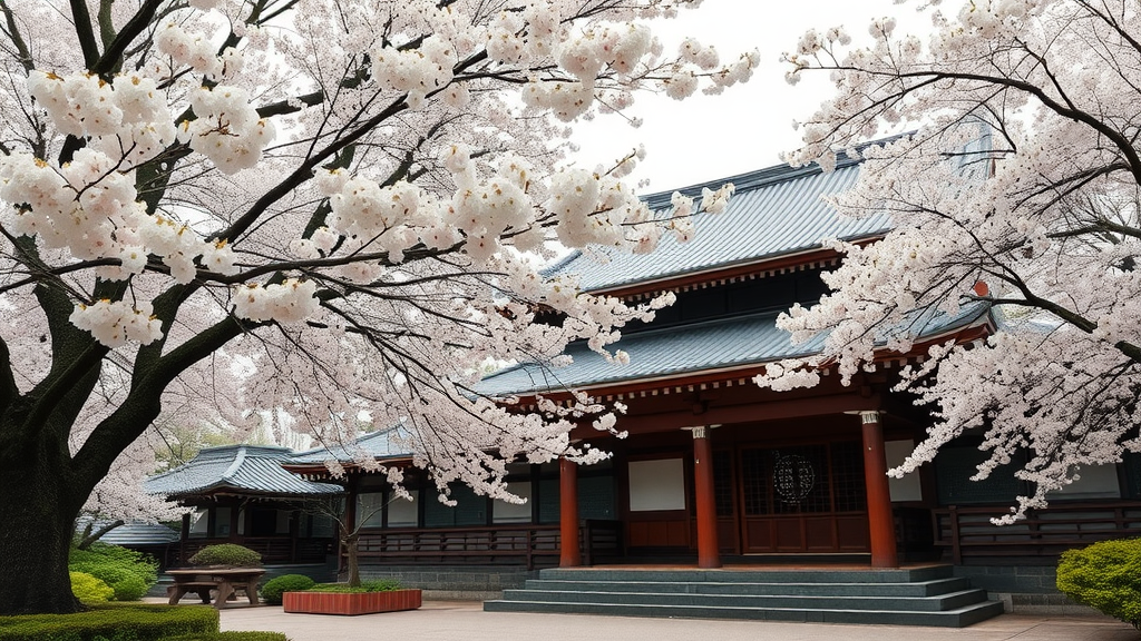 A serene temple surrounded by blooming cherry blossoms in Kyoto.