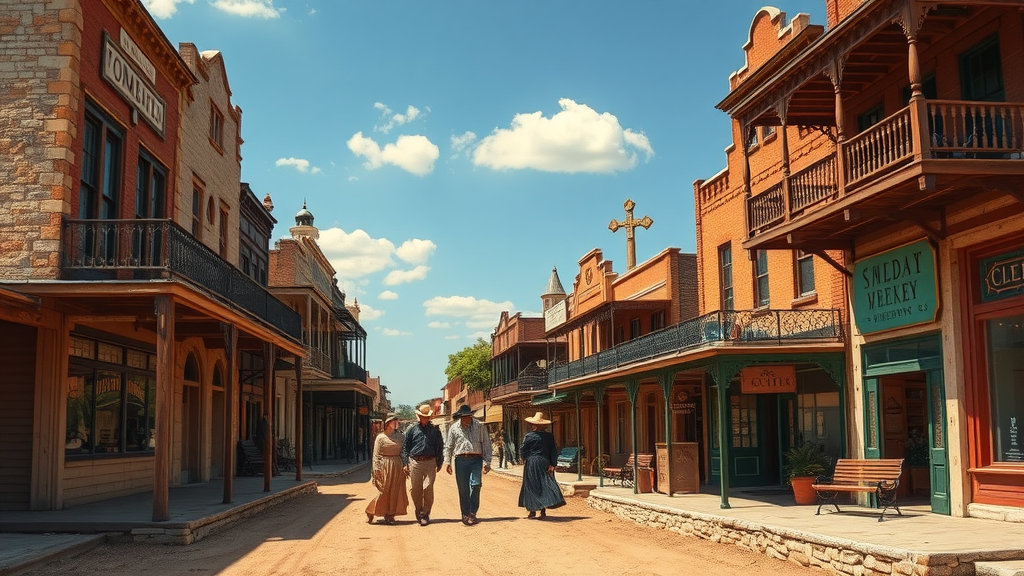 Historic street view of Tombstone, Arizona with old buildings and people walking.