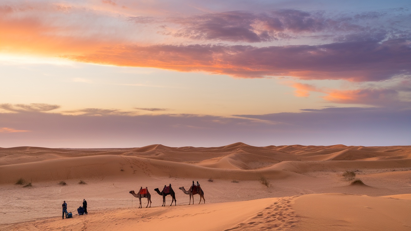 A view of the Sahara Desert with camels and a colorful sunset.