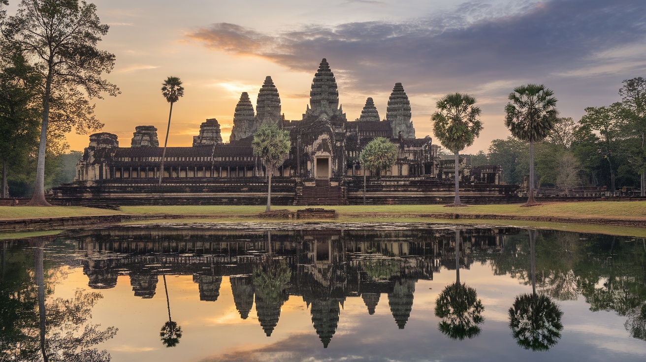 A view of Angkor Wat at sunrise with its towers reflected in a pond, surrounded by lush greenery.