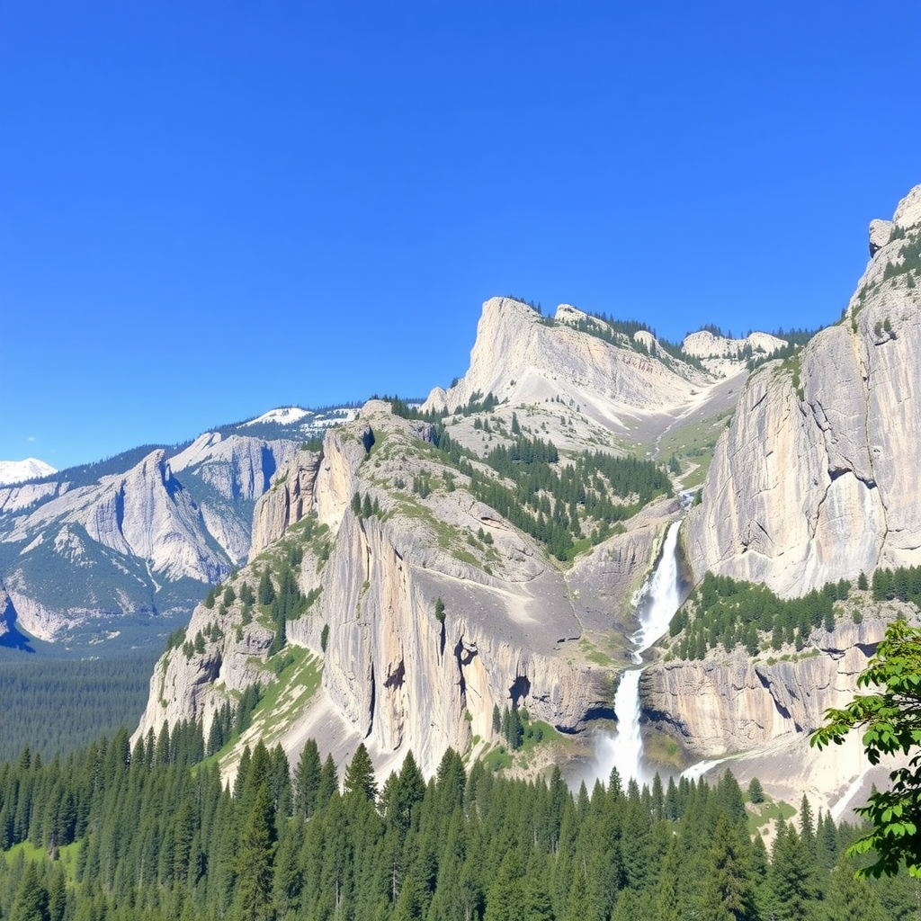 A scenic view of Yosemite National Park showcasing cliffs and a waterfall surrounded by trees.