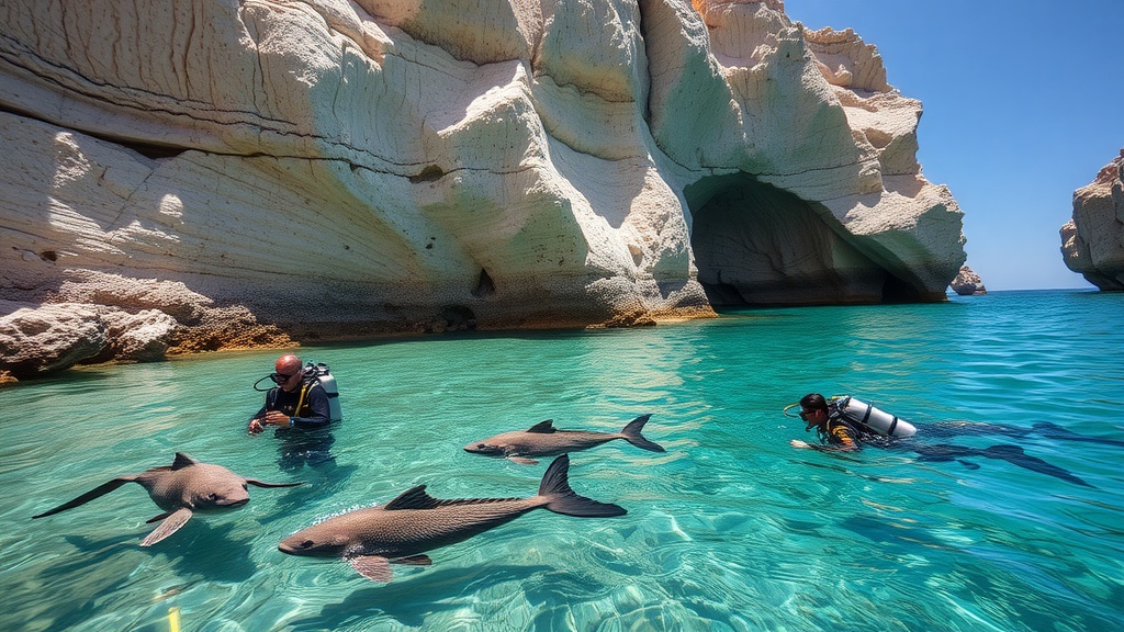 Two divers swimming in clear water with rays and rocky formations in Cabo Rojo