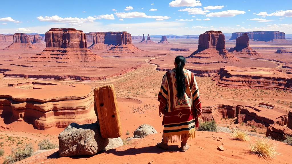 A woman walks through Monument Valley, showcasing the stunning red rock formations typical of the Navajo Nation.