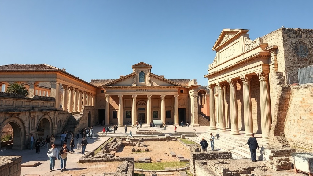 Ruins of Herculaneum with ancient buildings and visitors exploring