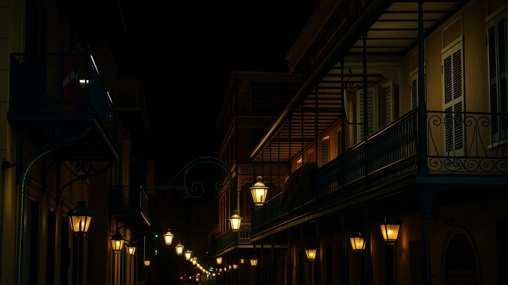 A dark, misty street in New Orleans illuminated by street lamps, with shadowy figures in the distance.