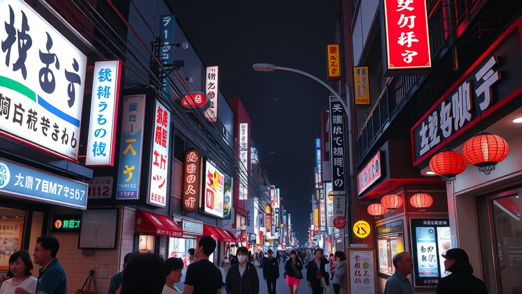 A busy street in Tokyo at night, filled with colorful neon signs and lanterns, showcasing the vibrant nightlife.