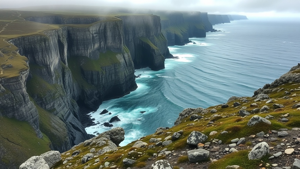 A breathtaking view of Norway's wild west coast featuring cliffs and blue waters.