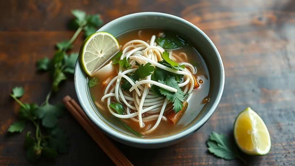 A bowl of Vietnamese pho with noodles, herbs, and lime on a wooden table