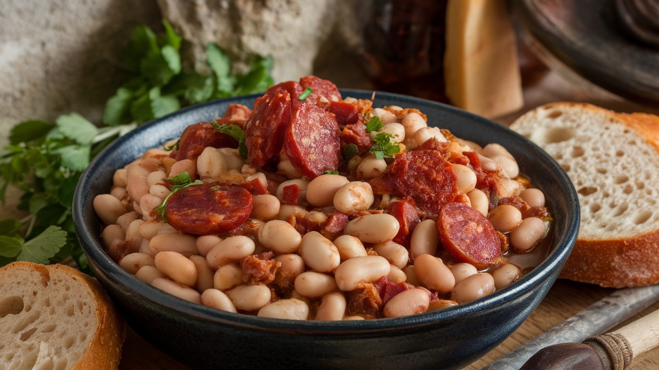 A bowl of Fabada Asturiana with white beans, chorizo, and slices of bread on the side.