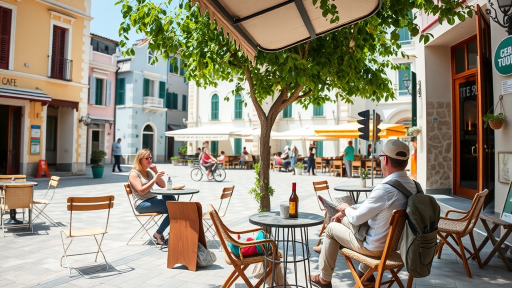 A sunny outdoor café scene in Greece with people enjoying their time.