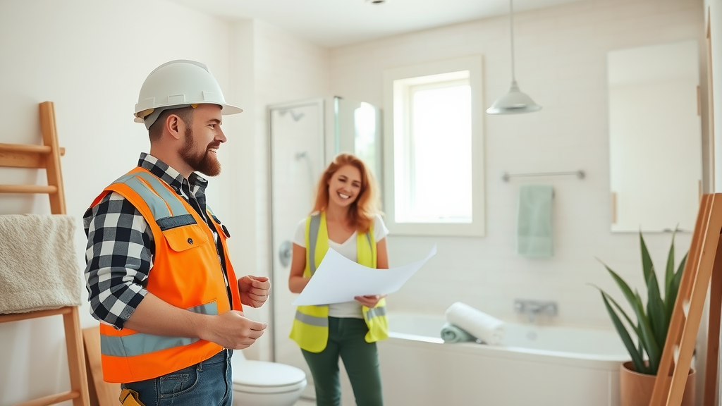 Two construction professionals discussing plans in a modern bathroom