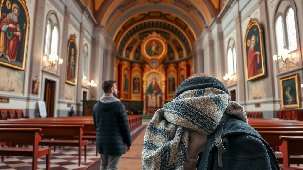 Two individuals in a Greek church, one with a scarf, admiring the interior with religious icons.