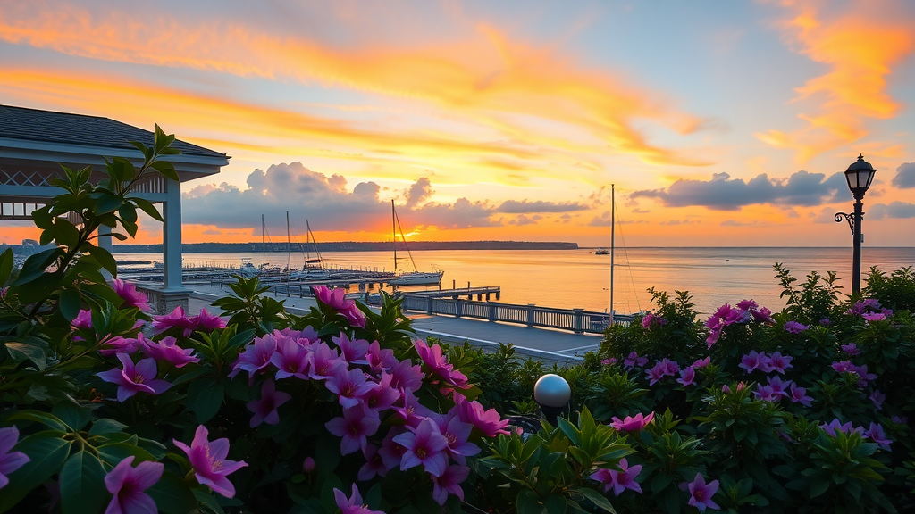 A scenic view of Fairhope, Alabama, featuring a sunset over Mobile Bay with flowers in the foreground.