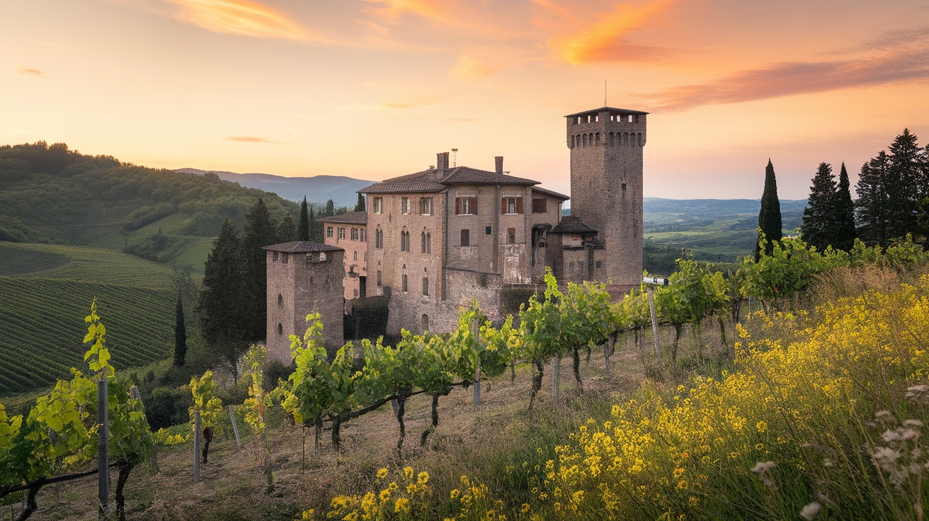 A picturesque Italian castle set against a scenic landscape during sunset.