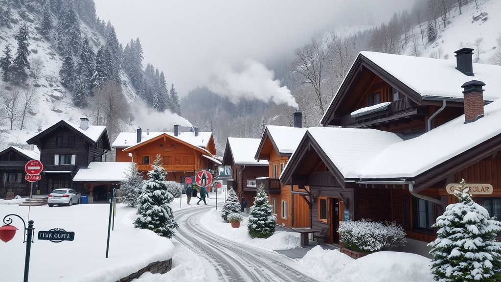 Scenic snowy village in Austria with wooden chalets and snow-covered trees.