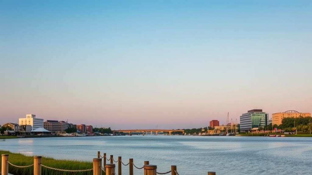 A scenic view of Wilmington, North Carolina's waterfront with people walking along the pier.