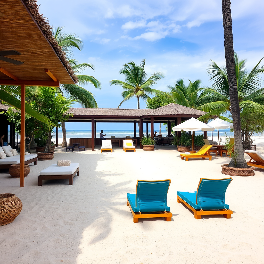 A family-friendly beach club in Phuket with sun loungers, palm trees, and a view of the ocean.