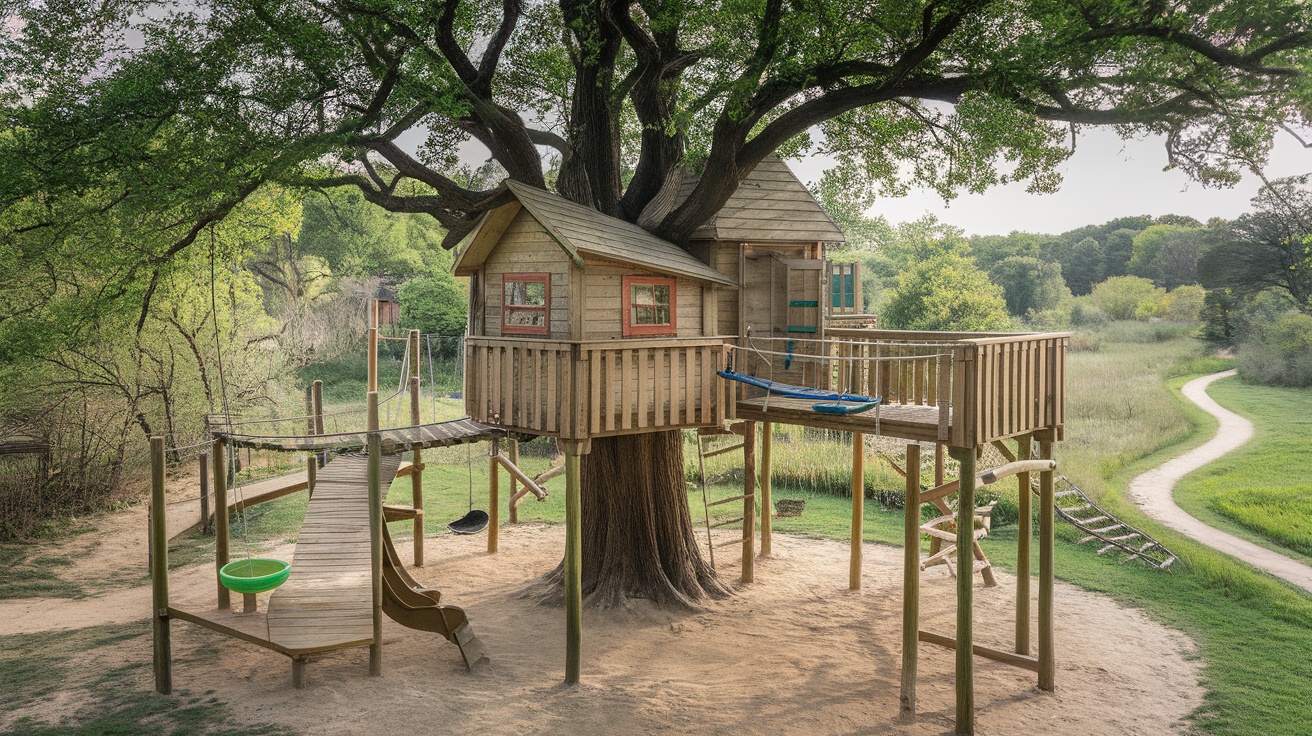 Family-friendly treehouse with swings and slides, surrounded by nature trails.