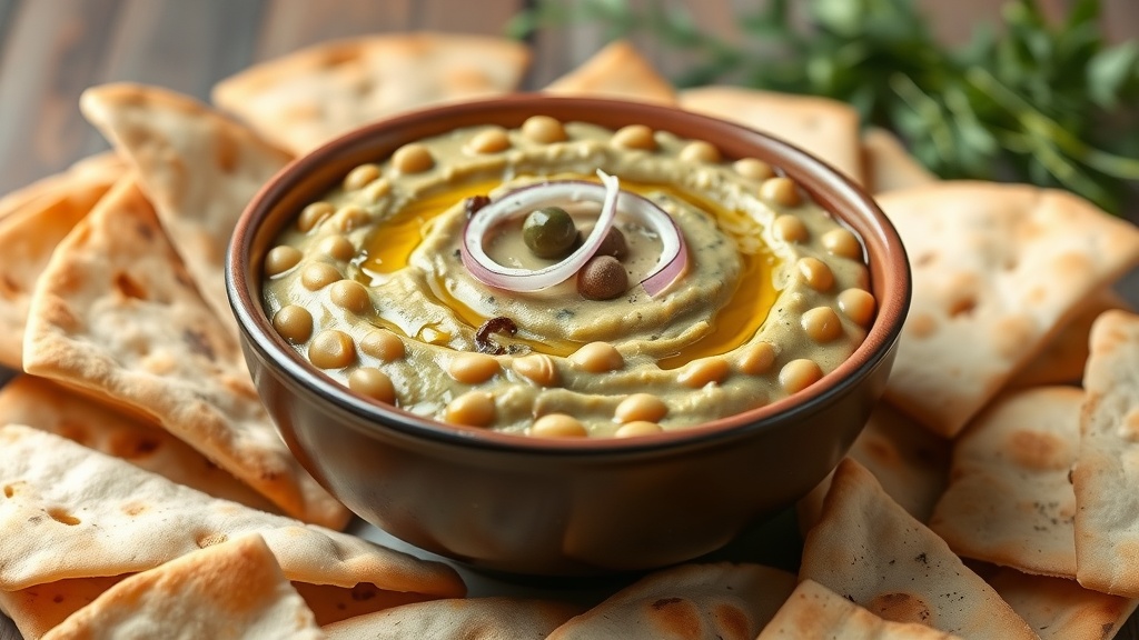 Bowl of fava split pea puree surrounded by pita bread.