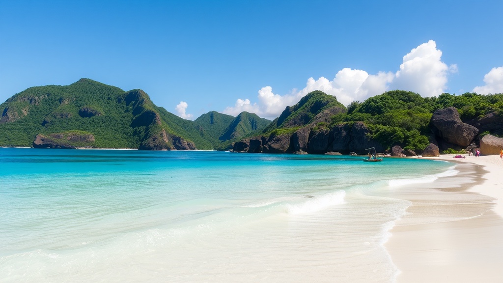 Scenic view of Fernando de Noronha with lush green hills and clear blue water