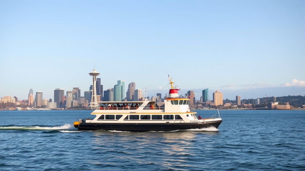 Ferry cruising across Puget Sound with Seattle skyline in the background.