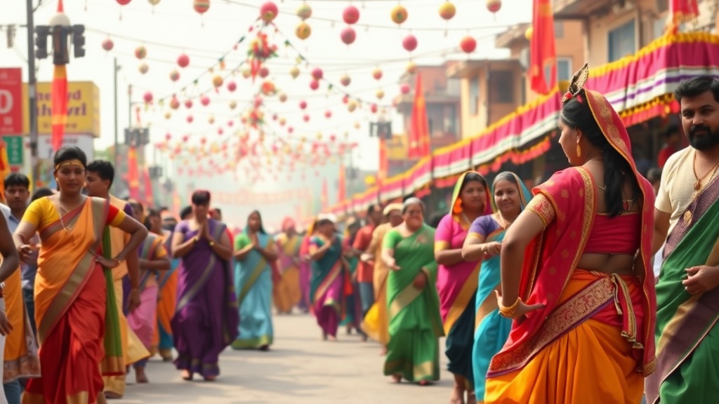 A lively street festival in India with people dressed in colorful traditional attire, celebrating with decorations and festive atmosphere.