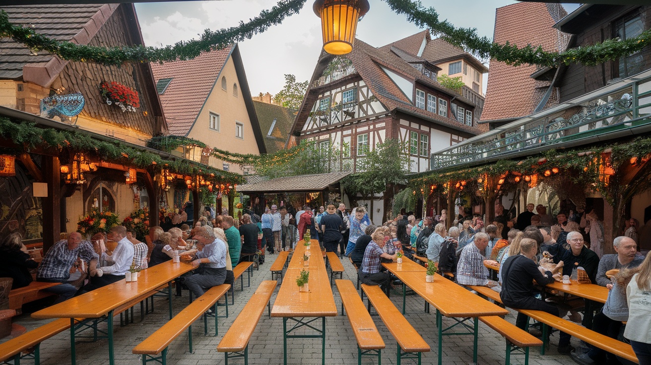 Crowded outdoor seating area in the Germany Pavilion at EPCOT, decorated with festive lights and greenery.