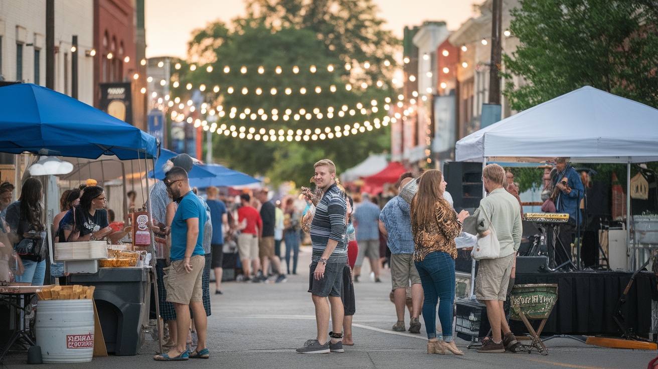 A lively street festival in Fredericksburg, Texas, featuring food vendors and a local band.