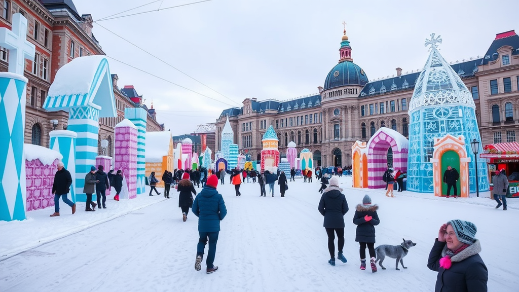 Colorful ice structures and crowds in a snowy Quebec City