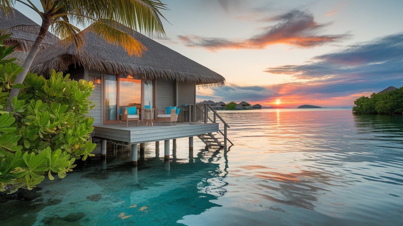 A beautiful overwater bungalow in Fiji with a sunset view.