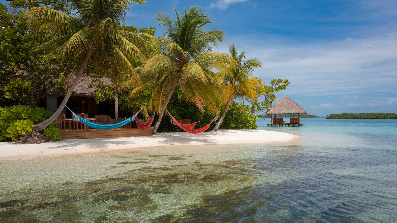 Secluded beach in Fiji with hammocks and a traditional hut