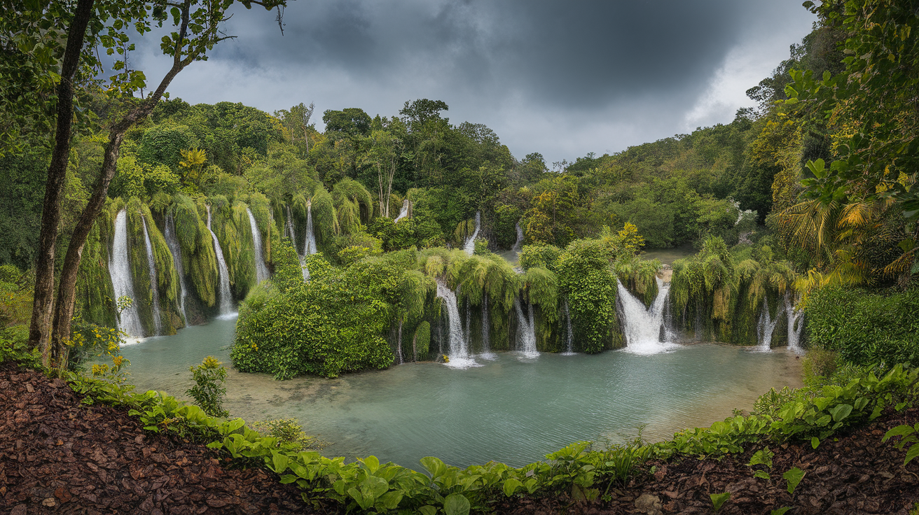 A scenic view of lush rainforests and waterfalls in Fiji.